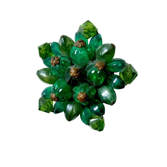 Vintage Green Cluster Brooch Signed Bronze Tone Beaded VTG - Picture 4 of 13
